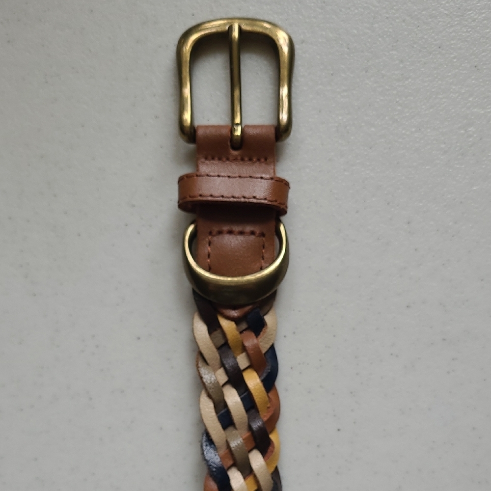 Genuine Leather Woven Belt in Brown, Tan & Navy Brass Buckle